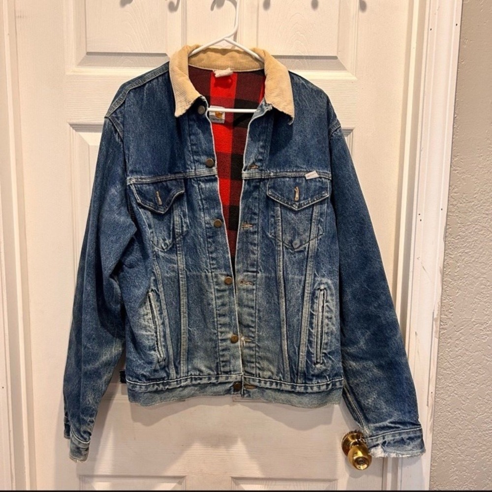 Vtg Carhartt Denim Jean Trucker Jacket Flannel Lined 100 Year Plaid Large